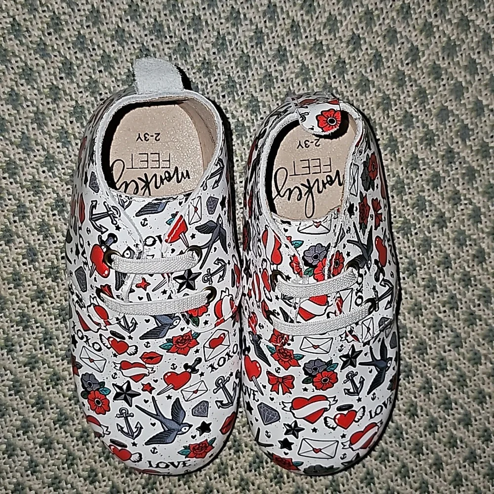 Monkey Feet USA leather shoes love tattoo print design nwot multicolored S3